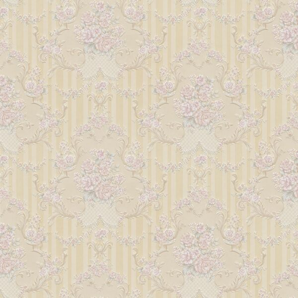 Bricoflor Rosen Tapete im Shabby Chic Romantische Papiertapete mit Blumen und Streifen in Creme Rosa Papier Barocktapete mit Rosenmuster Gestreift