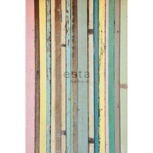 ESTAhome Fototapete Holz-Optik Hellrosa Gelb Blau und Grün 200 x 279 cm 157703