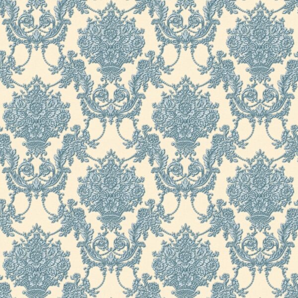 Bricoflor Barock Tapete für Wohnzimmer Elegant Neobarock Vliestapete mit Ornament in Creme Blau Französische Wandtapete mit Muster aus Vinyl