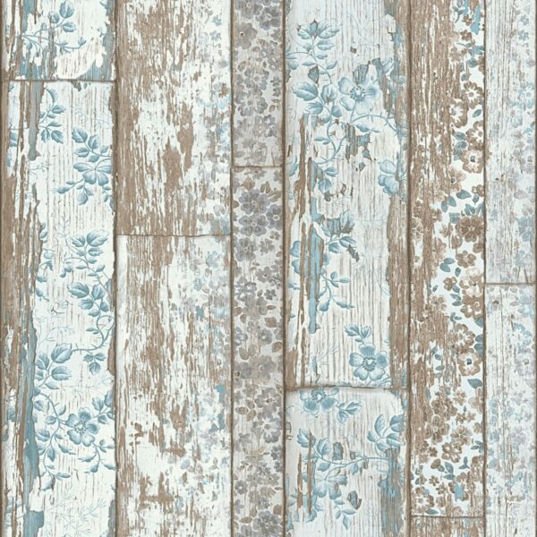 Bricoflor Vintage Tapete in Holzoptik Vliestapete mit Holzbretter Design im Shabby Chic in Braun Blau Vlies Holztapete mit Blumen für Küche und Flur