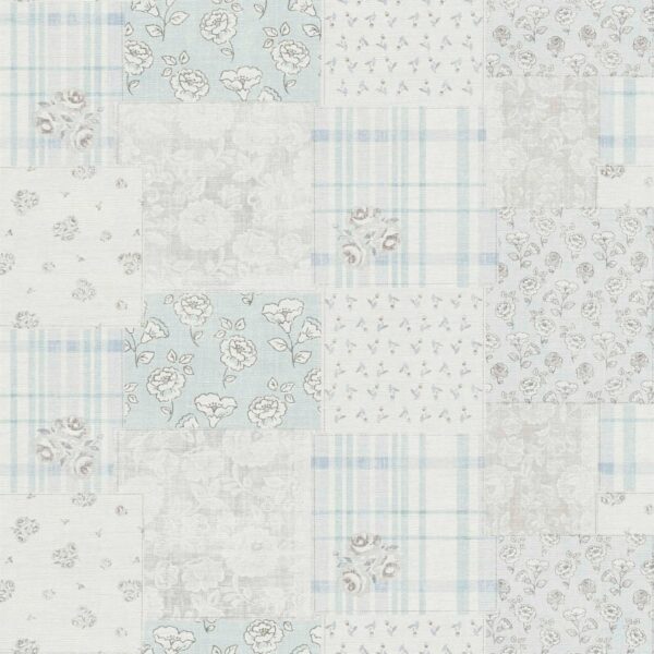 Bricoflor Vintage Tapete im Patchwork Stil Landhausstil Vliestapete in Grau Blau Vlies Blumentapete mit Rosen und Karo Muster