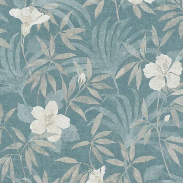 Bricoflor Tropical Tapete Floral Hibiskus Vliestapete mit Tropische Blätter Muster in Grau Blau Dschungel Wandtapete aus Vlies und Vinyl