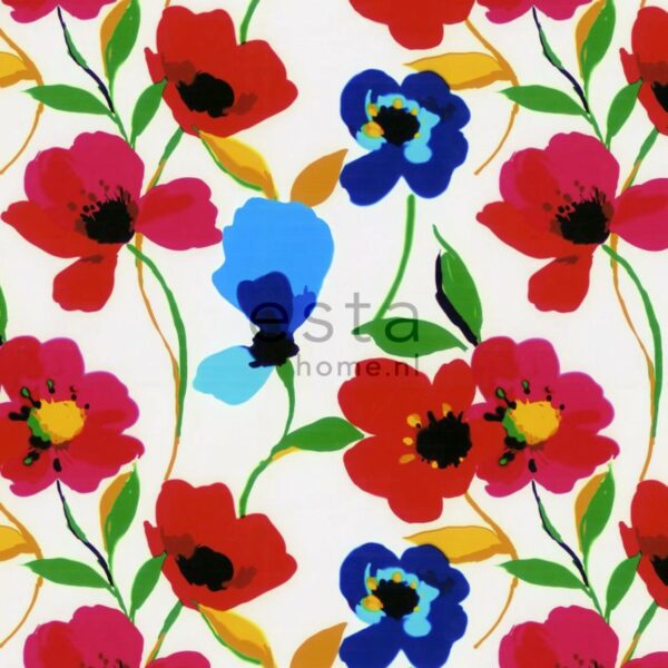 ESTAhome Fototapete Mohnblumen Rot Blau Gelb und Grün 279 cm x 279 m 158007