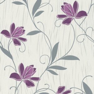 Bricoflor Blumen Papiertapete Weiß Grau Lila Moderne Papier Blumentapete mit Vinyl Florale Tapete mit Blumenranke für Wohnzimmer und Esszimmer