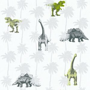 Bricoflor Dinosaurier Tapete in Grün und Grau Waschbeständige Jungentapete mit Dinos und Palmen Vlies Kindertapete Ideal für Jungenzimmer