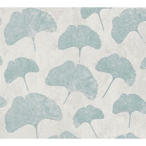 Bricoflor Ginkgo Blätter Tapete in Creme Blau Asiatische Vliestapete Ideal für Schlafzimmer und Wohnzimmer Strukturtapete Türkis