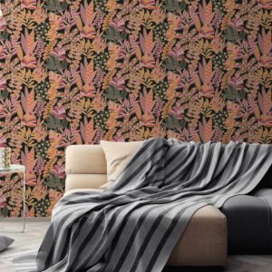 Bricoflor ausgefallene Tapete in Schwarz Pink Orange Blätter Vliestapete mit Gold Effekt Vlies Mustertapete für Schlafzimmer