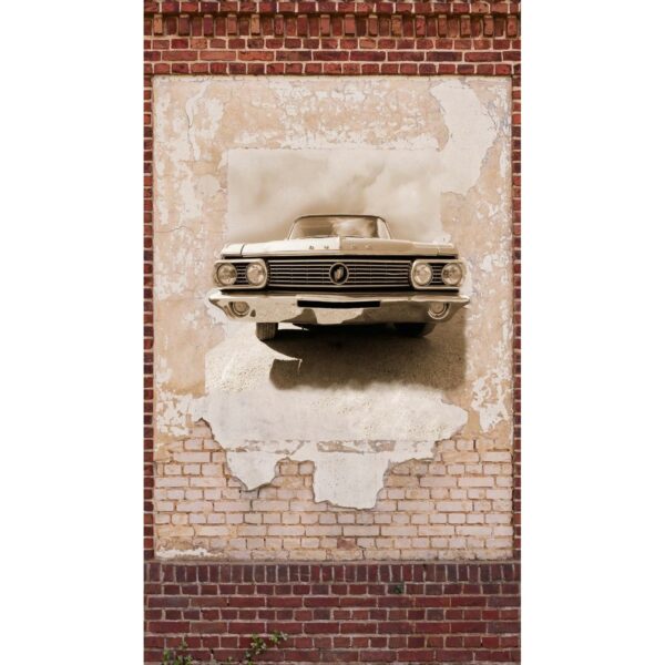 Bricoflor Steinwand Tapete Mit Oldtimer 3D Fototapete Mit Auto Auf Alter Mauer In Beige Braun Ideal Für Wohnzimmer Und Büro