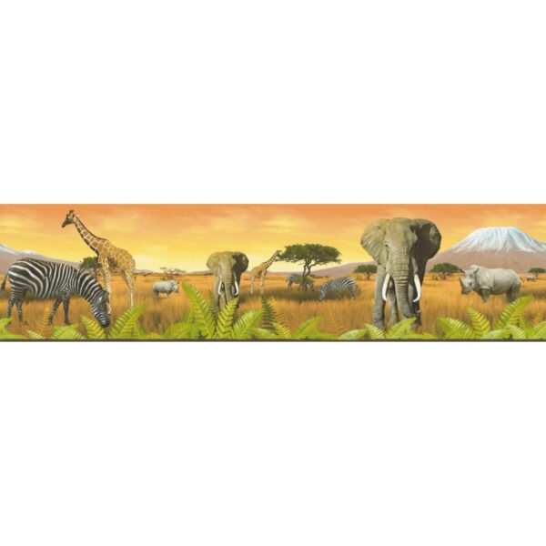 Bricoflor Afrika Tapeten Bordüre in Orange und Grün Tapetenbordüre mit Elefant und Giraffe Ideal für Kinderzimmer und Wohnzimmer