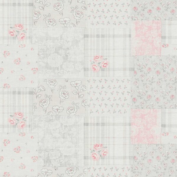 Bricoflor Patchwork Tapete Rosa Weiß Grau Shabby Chic Vlistapete mit Rosen und Karo Muster Romantische Tapete im Landhausstil