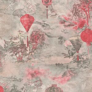 Bricoflor Vintage Tapete im Chinesischen Stil Asiatische Vinyl Tapete mit Lampions und Fächern Landschaft Wandtapete in Grau und Pink für Schlafzimmer