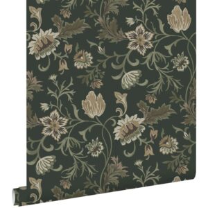 ESTAhome Tapete Blumenmuster Schwarz und Grün 0.53 x 10.05 m 139417