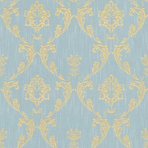 Bricoflor Textil Tapete Edel Ornament Vliestapete Hellblau Gold für Schlafzimmer und Esszimmer Vlies Textiltapete mit Glitzer Metallic Effekt Elegant