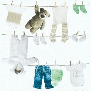 Bricoflor Babyzimmer Tapete Neutral Vlies Kindertapete in Hellgrün Ideal für Mädchen und Jungen Babytapete mit Teddybär und Wäscheleine