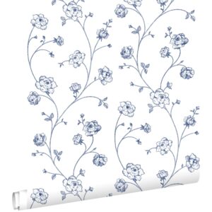 ESTAhome Tapete Toile De Jouy Rosen Weiß und Blau 0