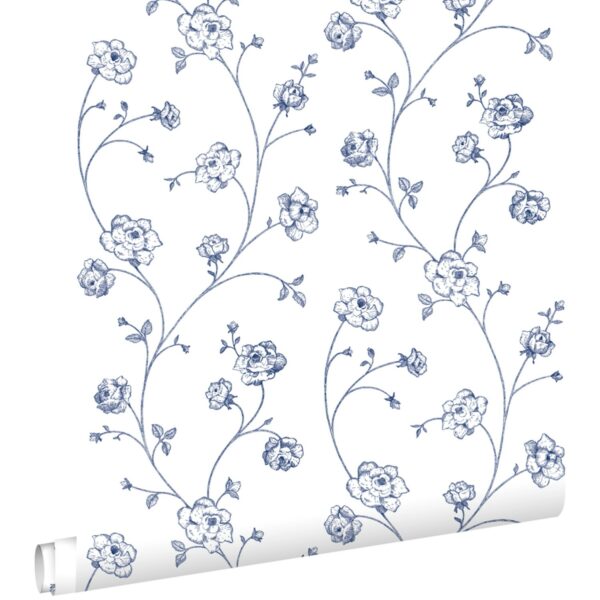 ESTAhome Tapete Toile De Jouy Rosen Weiß und Blau 0