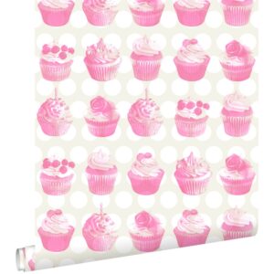 ESTAhome Tapete Cupcakes Auf Glänzenden Punkten Rosa 53 cm x 10