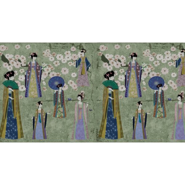 Fototapete Japan Blüten Kimono Geisha Weiß Blau Grau 5