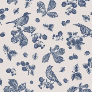 Joules Vliestapete Blackberry Bird 10 m x 52 cm Weiß-Blau FSC®