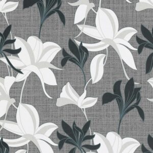 Bricoflor Moderne Tapete Florale Vliestapete mit Lilien in Grau Weiß Schwarz Vlies Blumentapete mit Leinenstruktur für Esszimmer und Wohnzimmer