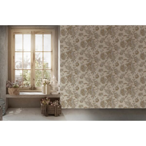 Livingwalls Tapete Blumenmuster Gold und Creme-Beige 53 cm x 10