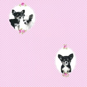 Bricoflor Rosa Punkte Tapete Gepunktete Vliestapete mit Chihuahua 50Er Jahre Stil Ideal für Kinderzimmer Vlies Mädchentapete mit Hunden und Polka Dots