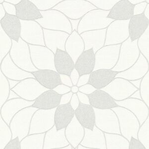 Bricoflor Mosaik Tapete Floral Moderne Vlies Mustertapete Weiß Grau mit Silber Glitzer Effekt Blumen Vliestapete Ideal für Badezimmer und Schlafzimmer