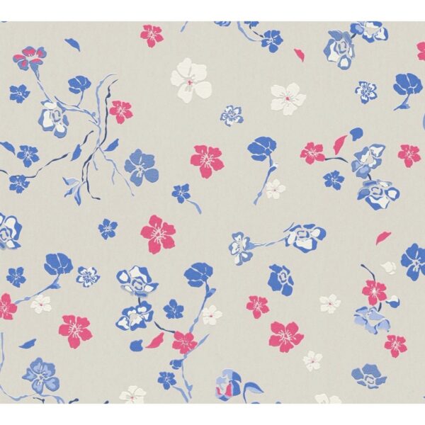 Bricoflor Moderne Blumentapete in Grau Blau Pink Florale Tapete mit Blümchen für Mädchenzimmer und Küche Vliestapete Floral