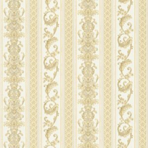 Bricoflor Elegante Barock Tapete mit Vinyl Vlies Barocktapete Elegant für Schlaf und Esszimmer Ornament Vliestapete mit Streifen in Creme Weiß Gold