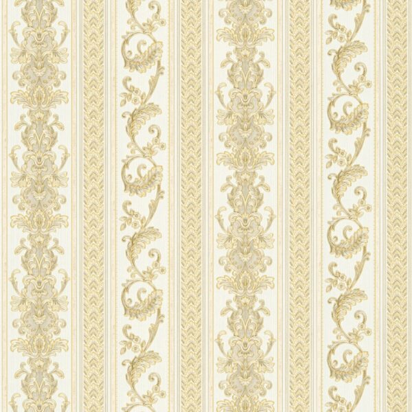 Bricoflor Elegante Barock Tapete mit Vinyl Vlies Barocktapete Elegant für Schlaf und Esszimmer Ornament Vliestapete mit Streifen in Creme Weiß Gold